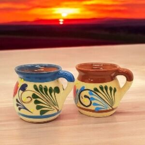 Butterfly glazed Pottery Set Of 2 Mugs Mexico blue green burnt orange